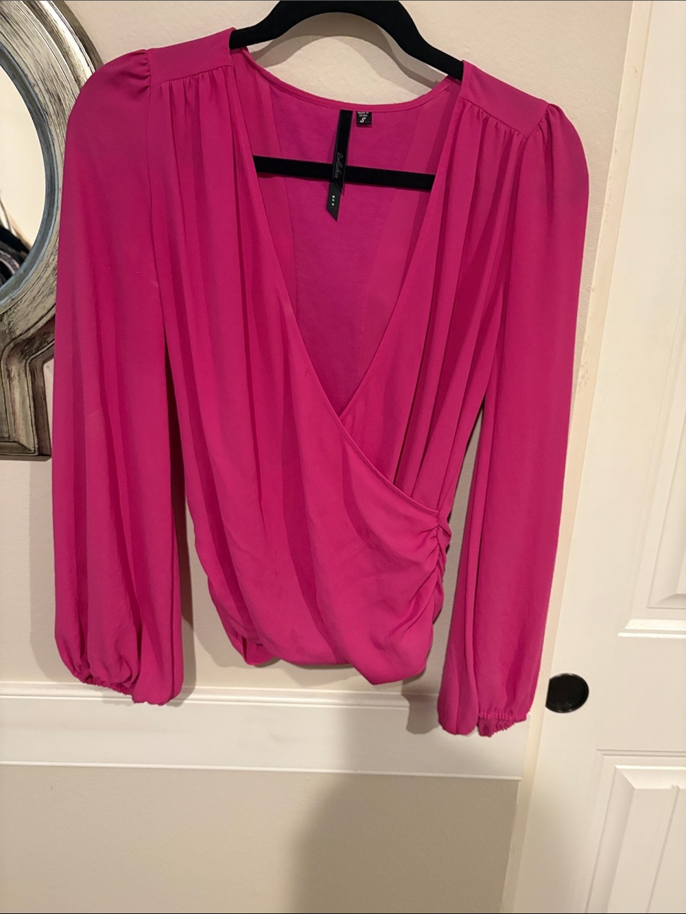 Bellatrix Fuchsia Wrap-Front Long-Sleeve Blouse